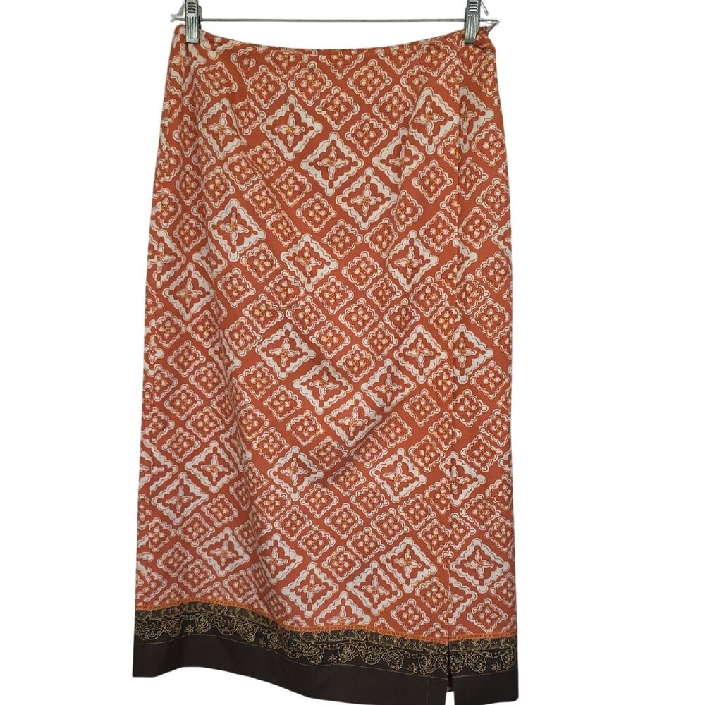 Pursuits LTD Womens Sz 12 Silk Blend Orange Ikat Brown Border BOHO Silk Skirt